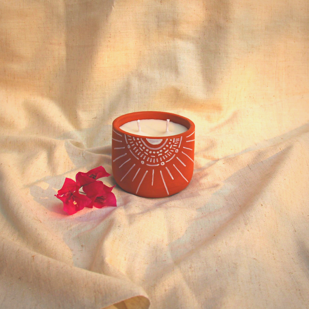 Sun Handpainted Terracotta Soy Wax Candle With Dual Wicks