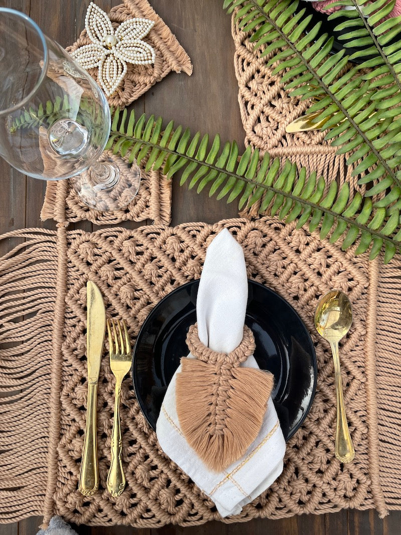 Beige Macrame Table Mat with Napkin Holder & Coaster (Pack of 2)