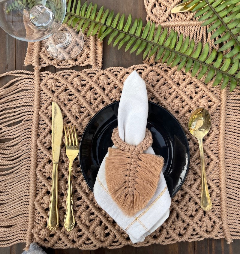Beige Macrame Table Mat with Napkin Holder & Coaster (Pack of 2)