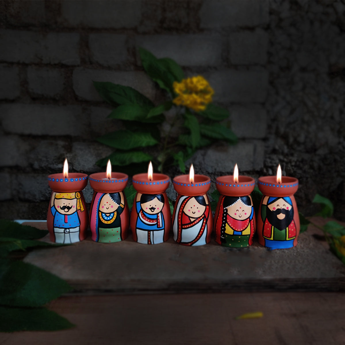 Handpainted Terracotta Rajasthani Tea Light Holders (Set Of 6)