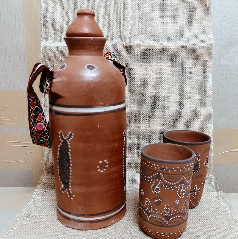 Kutch Painted Pottery Water Bottle with Strap