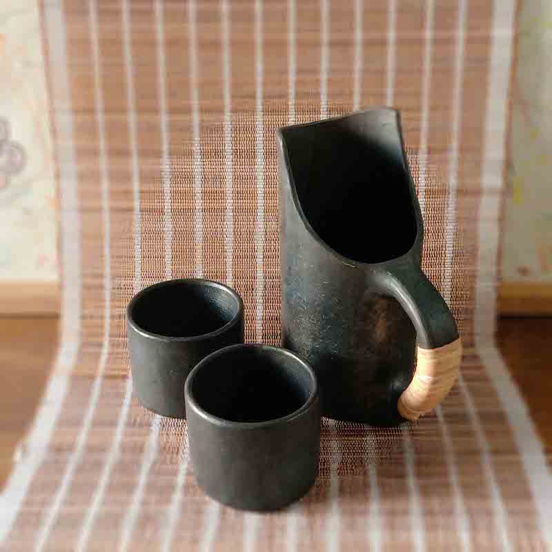 Longpi Black Pottery Jug & Tumblers Set