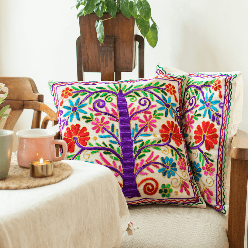 Tree Of Life Aari Embroidered Cushion Covers (Set Of 2)