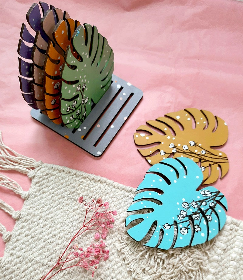 Tropical Leaf Handpainted Coasters with Stand (Set of 6)