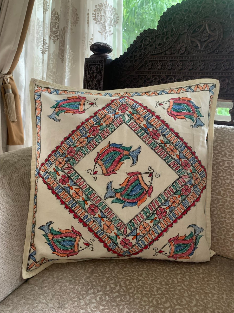 Off White Handpainted Twin Fish Motif Cushion Cover