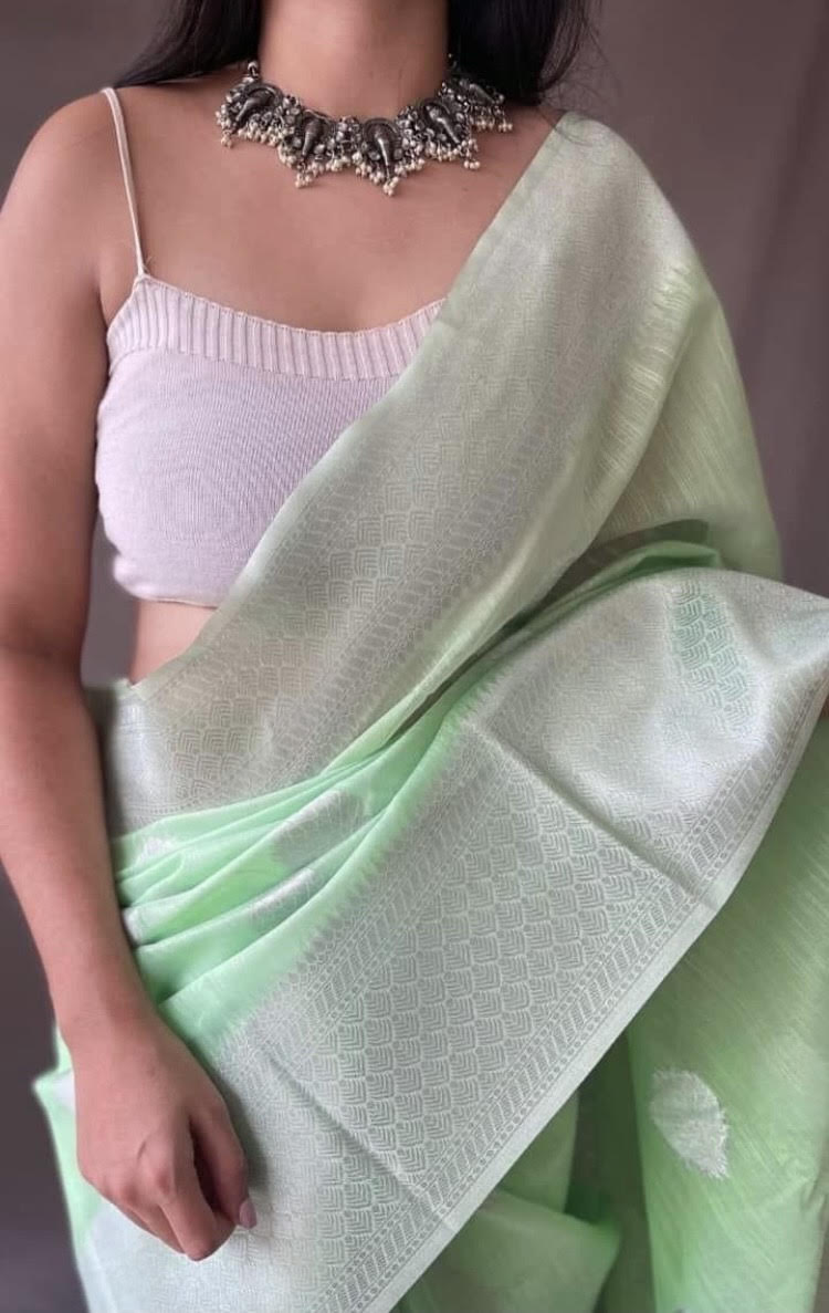 Pista Green Woven Linen Silk Saree