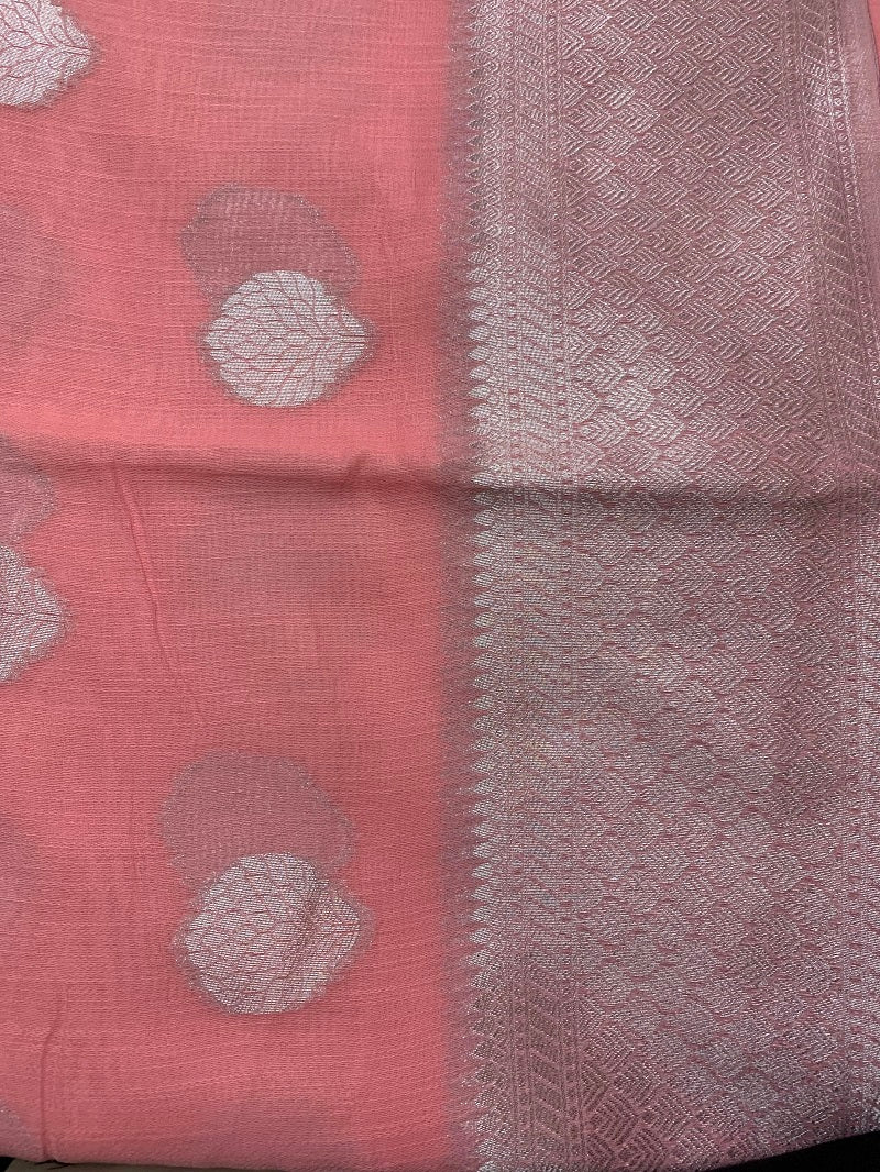 Light Peach Pink Woven Linen Silk Saree