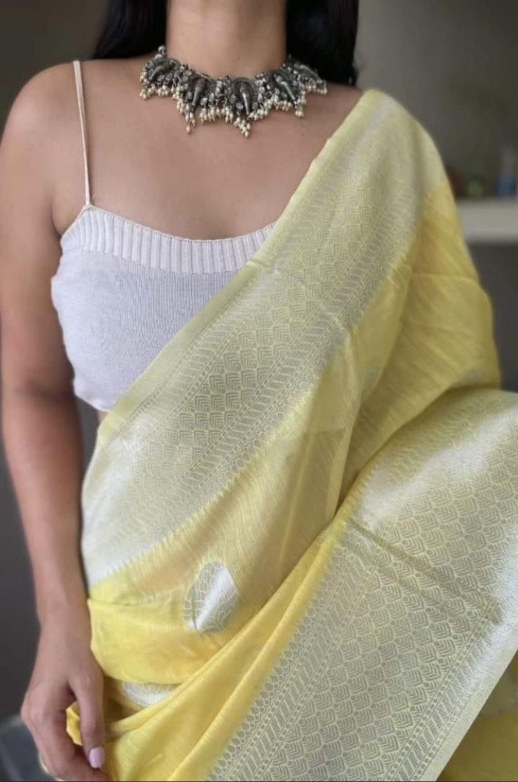 Lemon Yellow Woven Linen Silk Saree