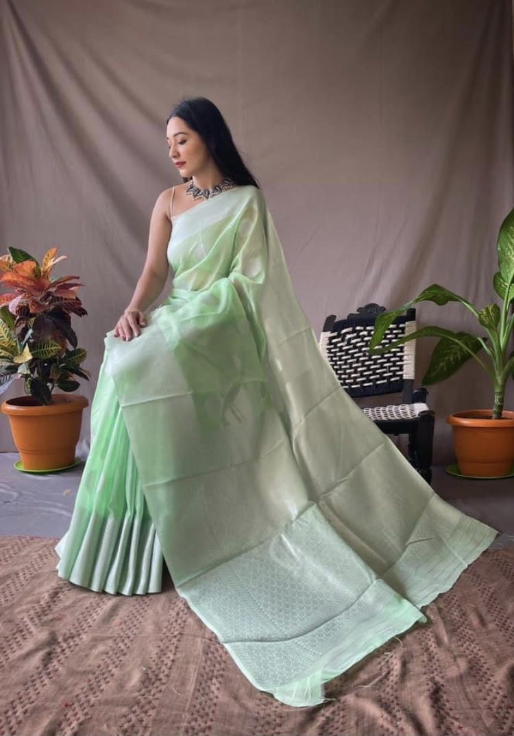 Pista Green Woven Linen Silk Saree