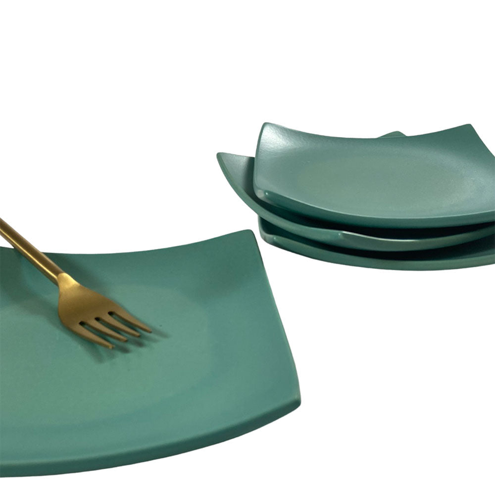 Matte Eurasian Teal Green Square Ceramic Quarter Plates (Set of 4)