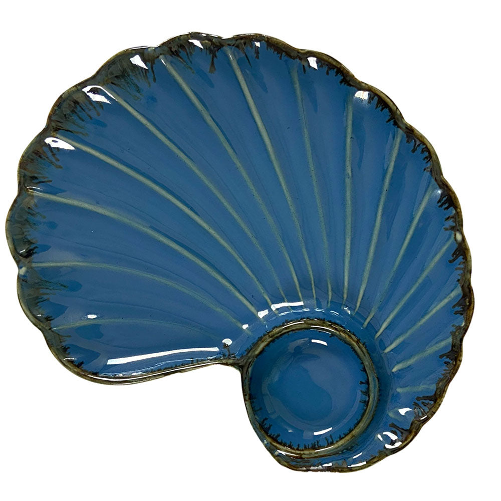 Royal Blue Shell Handcrafted Chip N Dip Ceramic Serving Platter