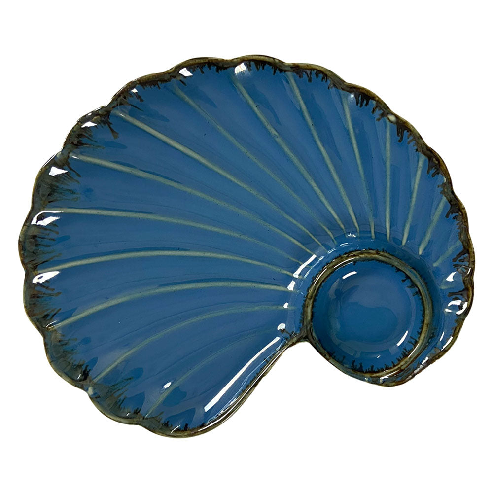Royal Blue Shell Handcrafted Chip N Dip Ceramic Serving Platter