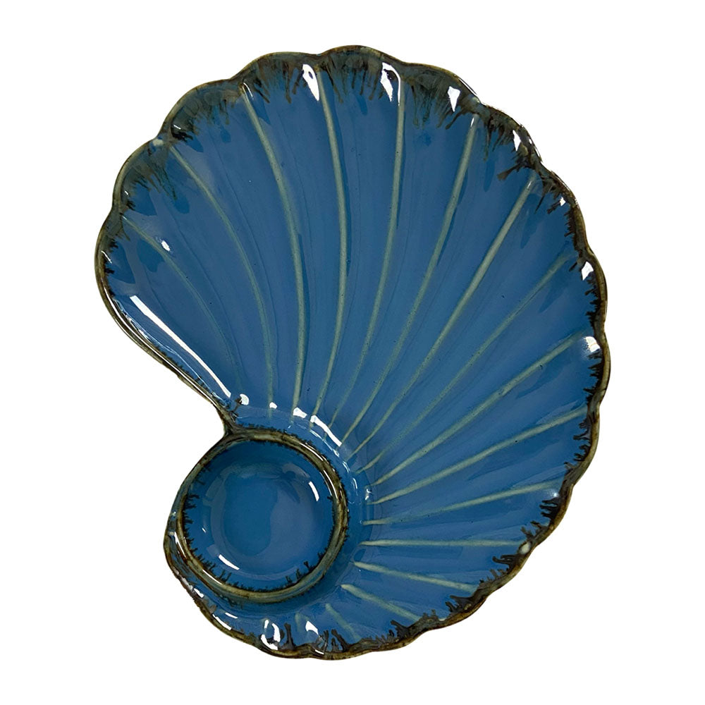 Royal Blue Shell Handcrafted Chip N Dip Ceramic Serving Platter
