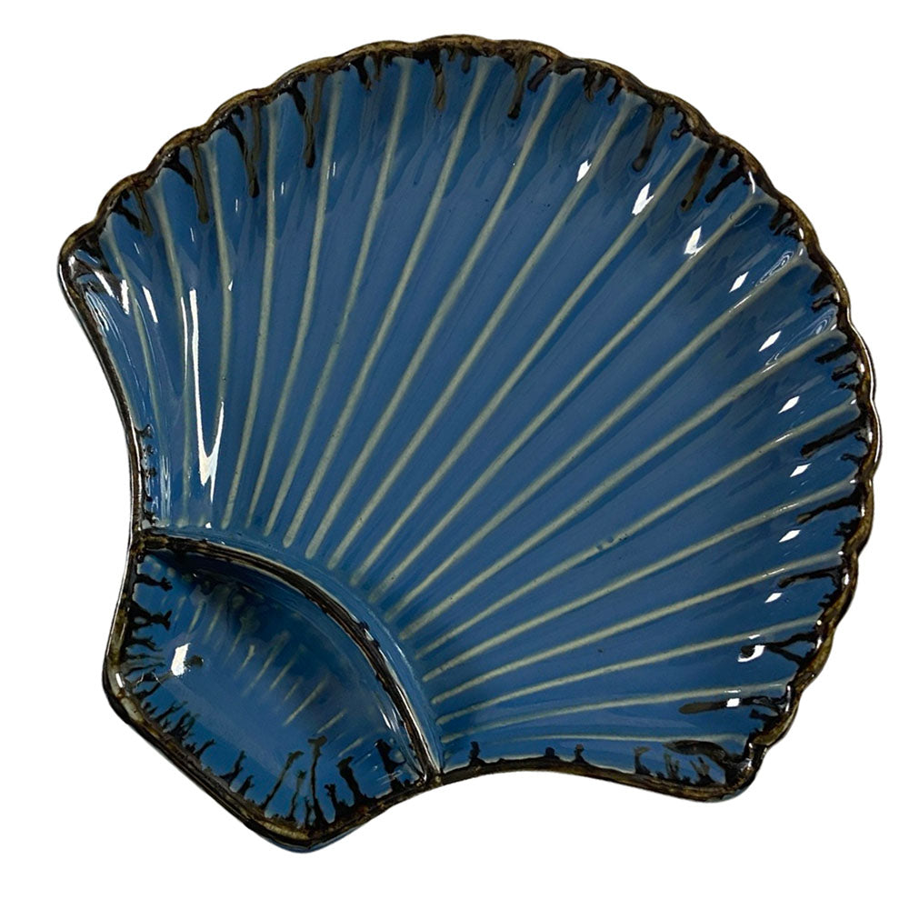 Royal Blue Sea Shell Handcrafted Chip N Dip Ceramic Serving Platter