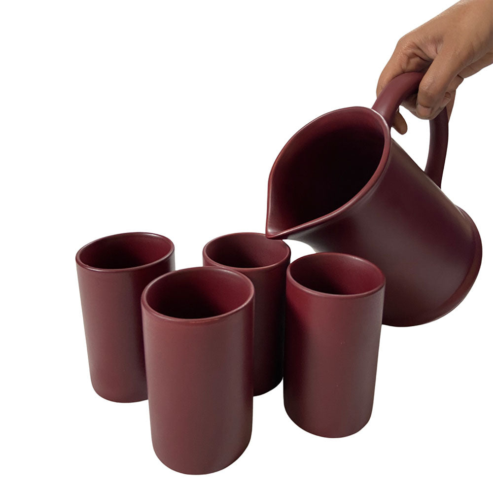 Matte Maroon Ceramic Glasses With Jug (Set of 5)