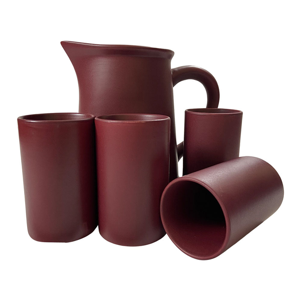 Matte Maroon Ceramic Glasses With Jug (Set of 5)