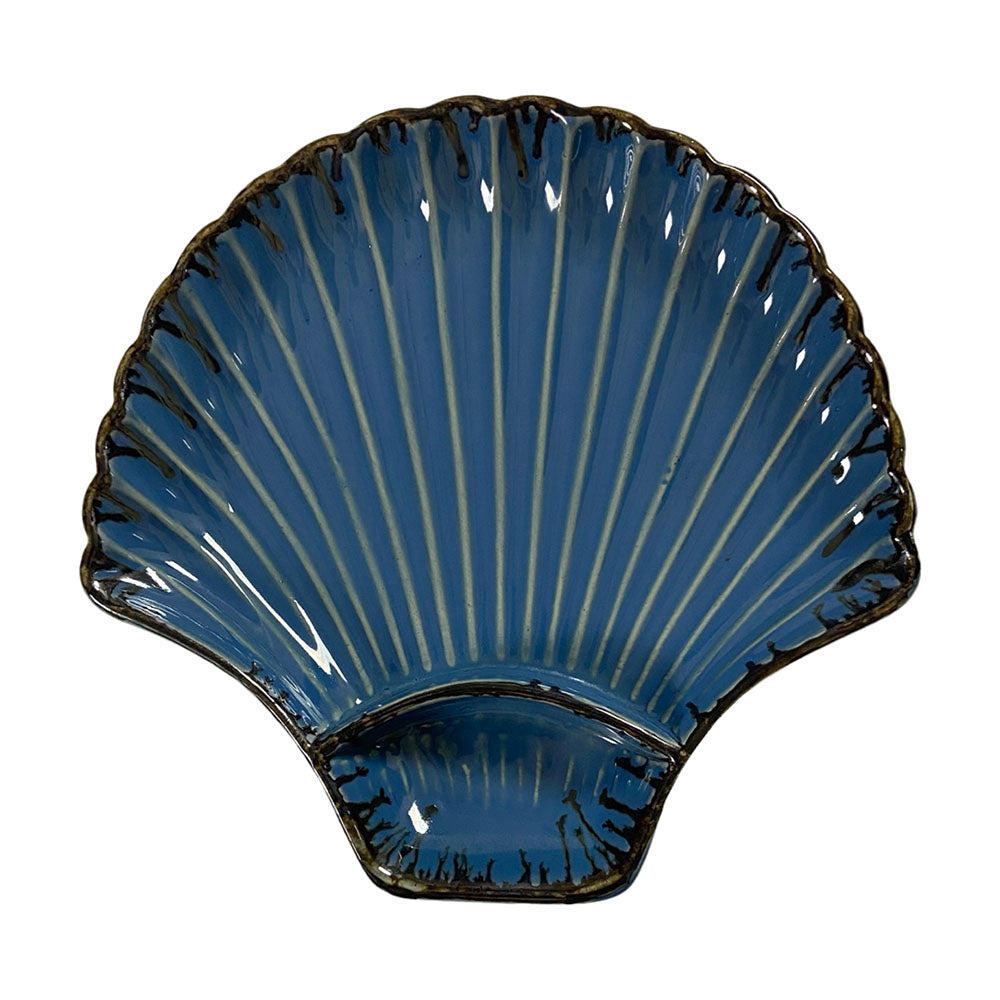 Royal Blue Sea Shell Handcrafted Chip N Dip Ceramic Serving Platter