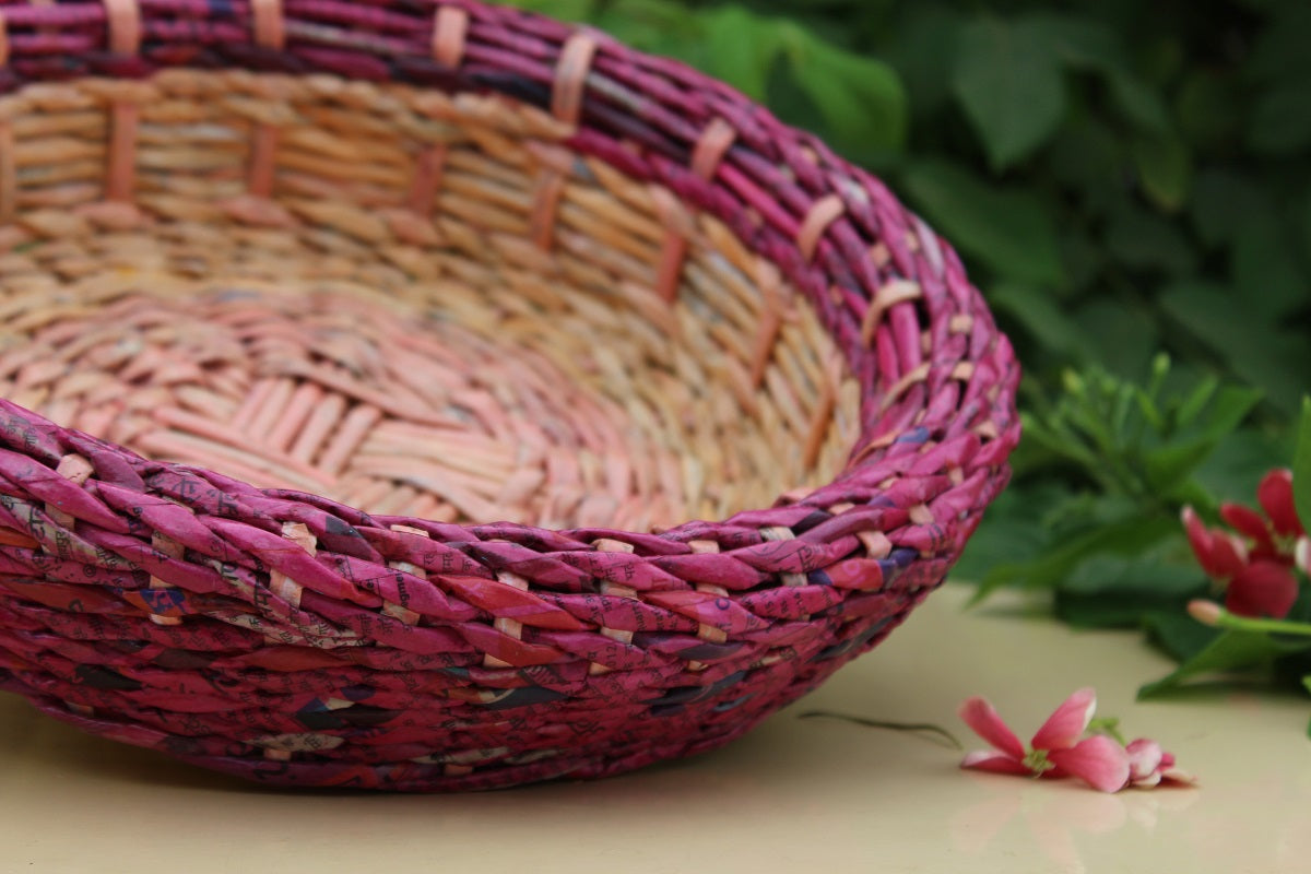 Pink Recycled Newspaper Round Woven Basket