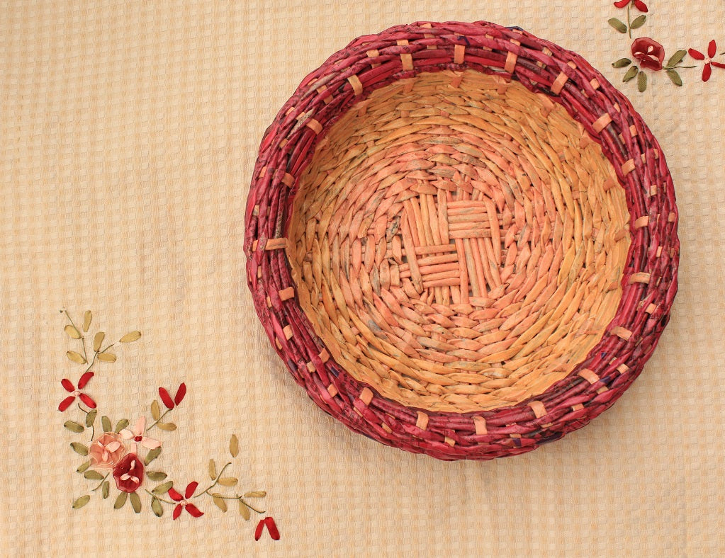 Pink Recycled Newspaper Round Woven Basket