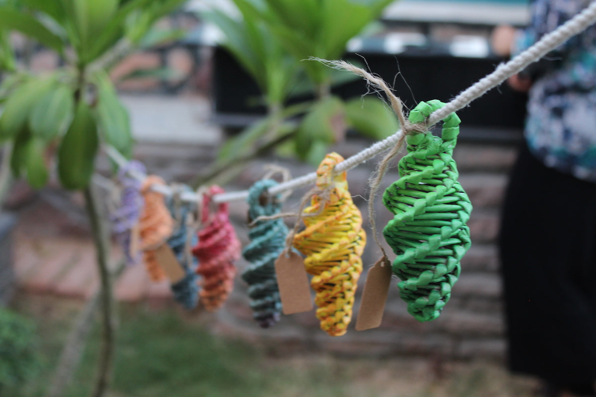Recycled Newspaper Woven Spiral Ornaments