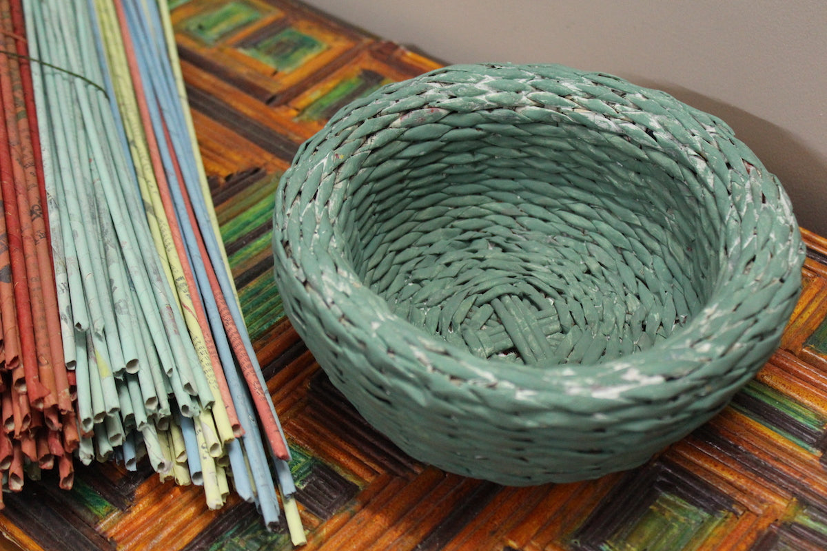 Green Round Recycled Newspaper Woven Basket