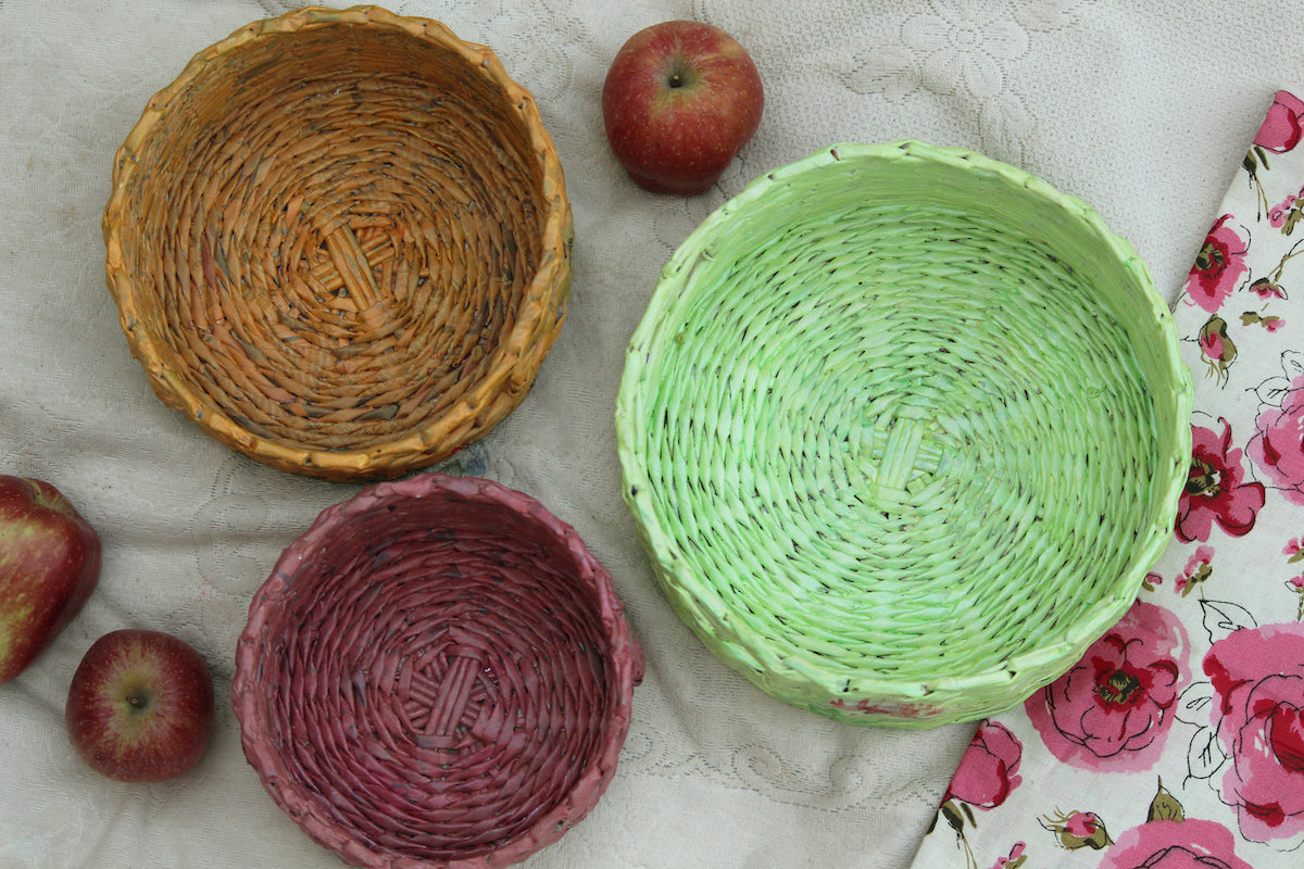Recycled Round Newspaper Woven Baskets (Set of 3)