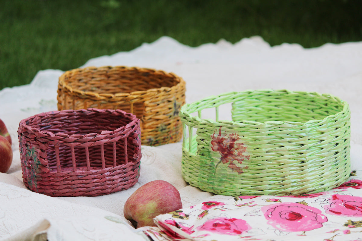 Recycled Round Newspaper Woven Baskets (Set of 3)