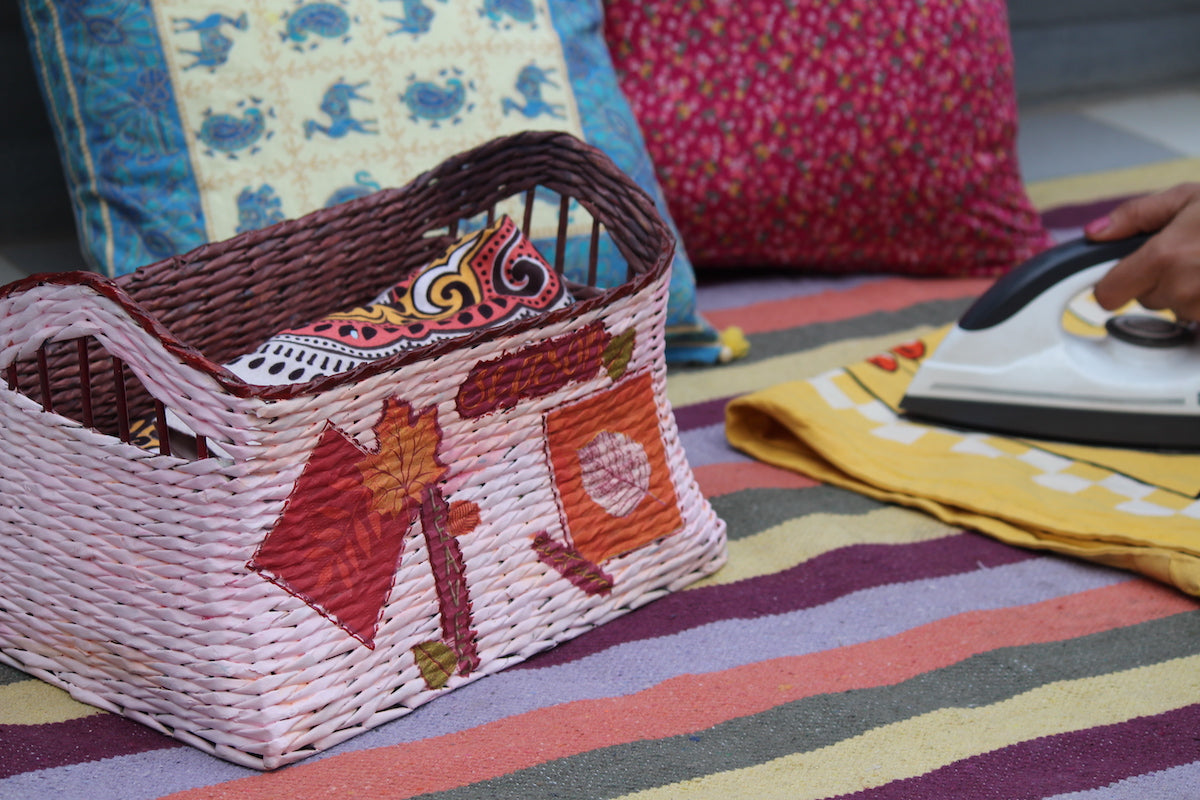 Pink Handpainted Recycled Newspaper Woven Decoupage Basket