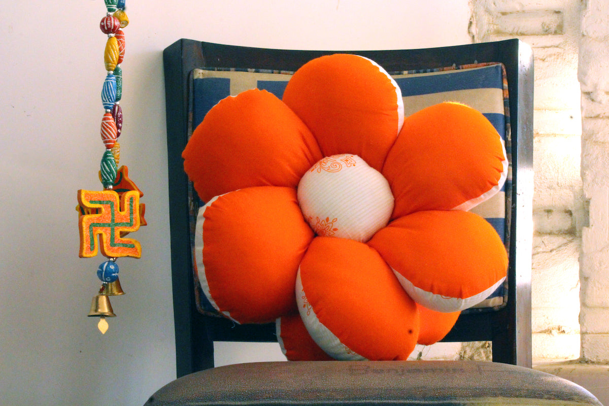 Orange Reversible Handmade Flower Cushions (Pack of 2)