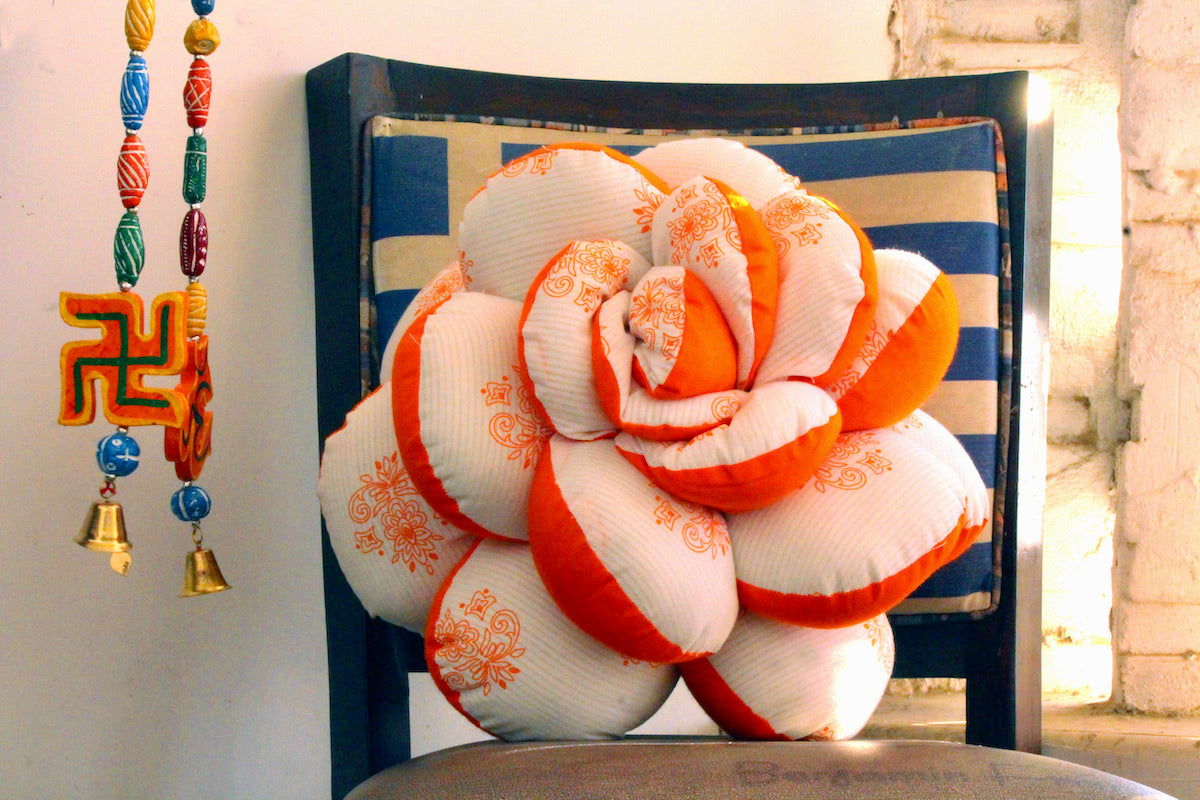 Orange Reversible Handmade Flower Cushions (Pack of 2)