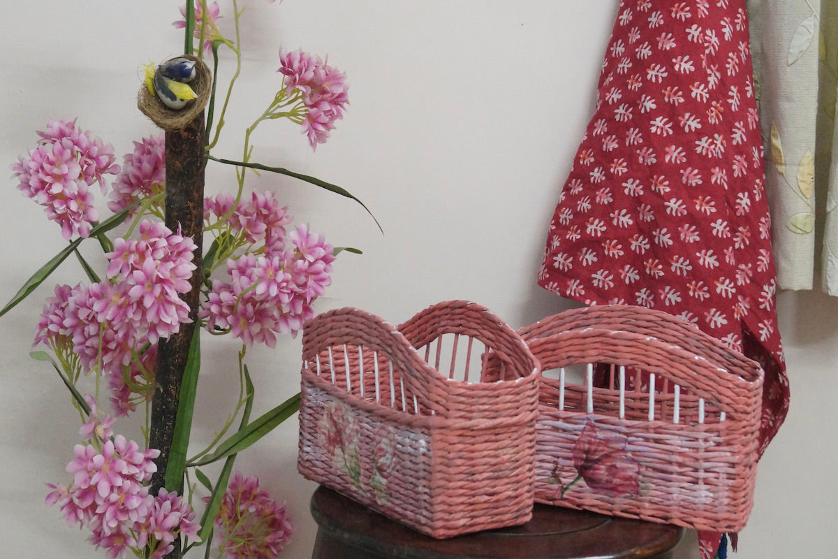 Recycled Pink Floral Handpainted Newspaper Woven Basket