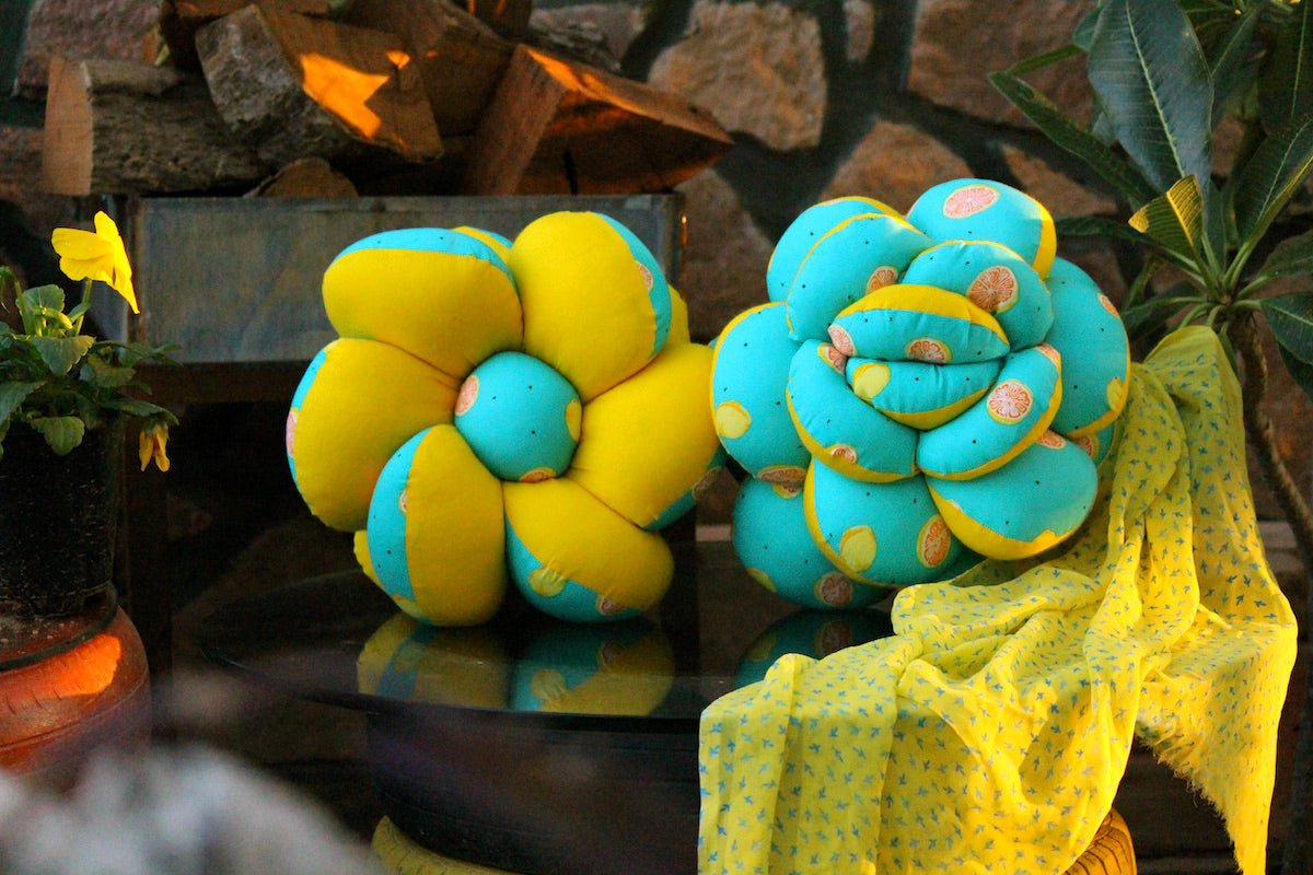 Yellow & Green reversible Handmade Flower Cushions (Pack of 2)