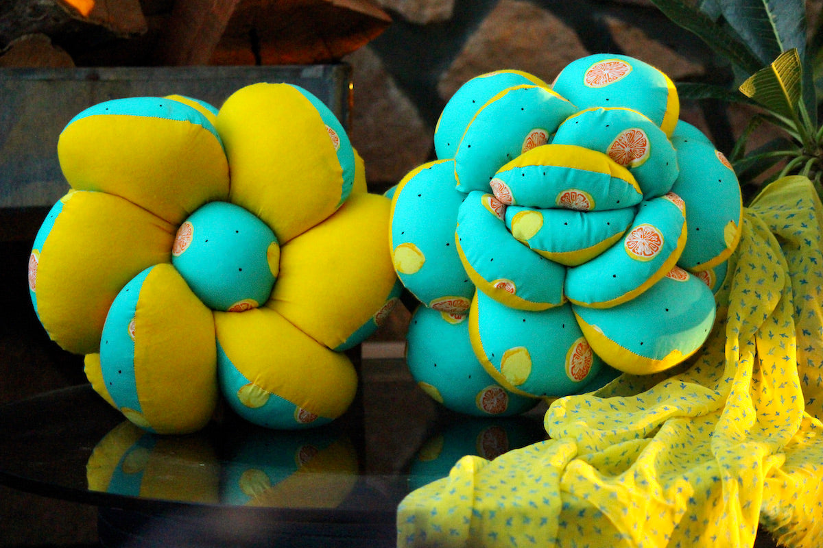 Yellow & Green reversible Handmade Flower Cushions (Pack of 2)