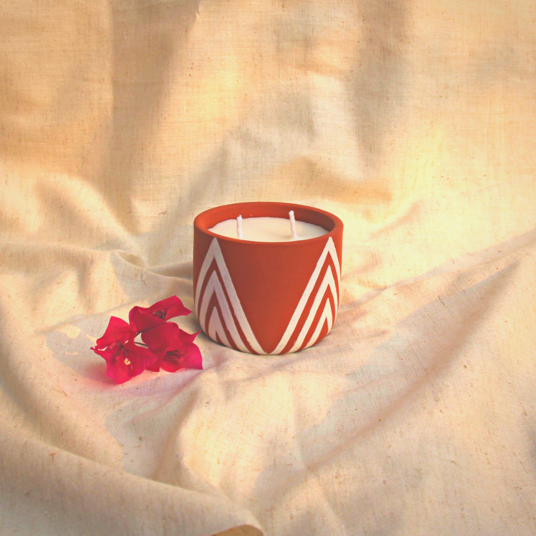 Waves Hand painted Terracotta Soy Wax Candle With Dual Wicks