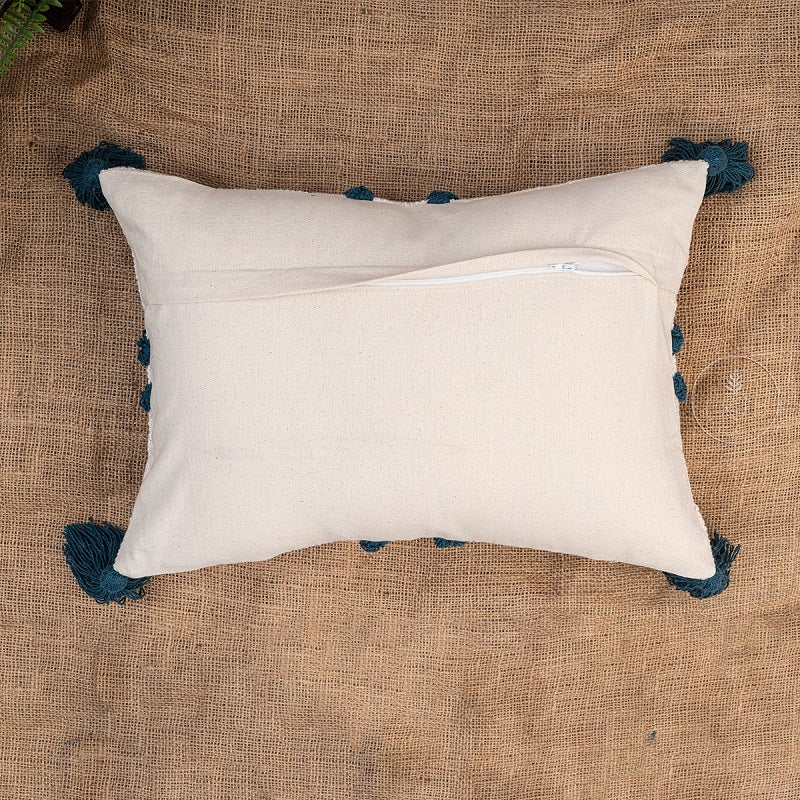 Ivory and Teal Blue Hand Tufted Textured Cotton Designer Lumber Cushion Cover