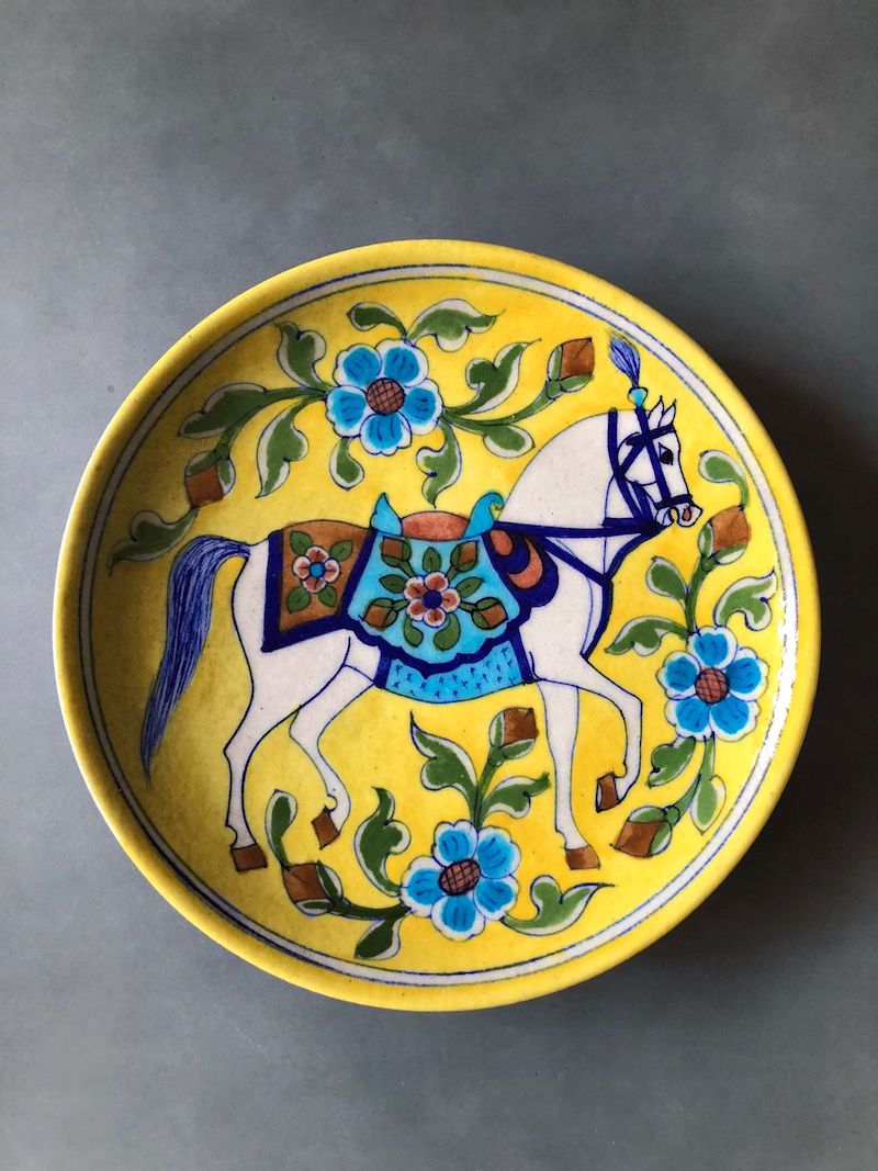 Horse Theme Blue Pottery Wall Plate