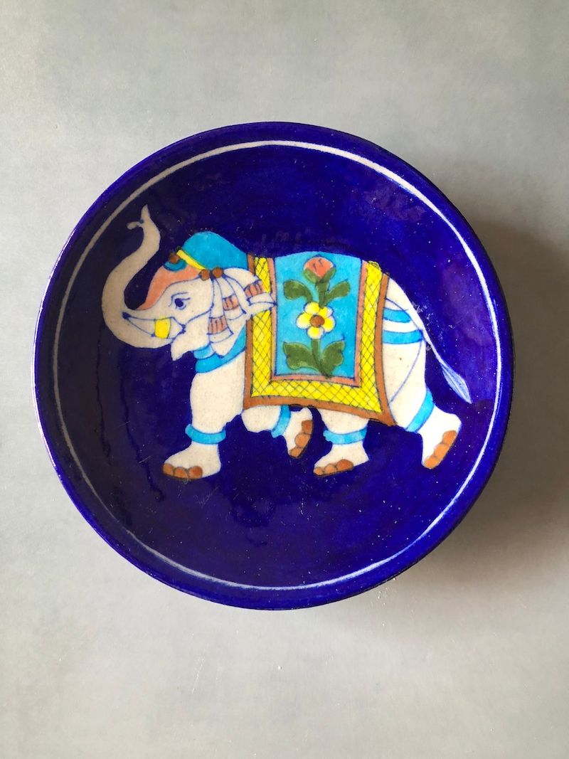 Elephant Theme Blue Pottery Wall Plate (6")