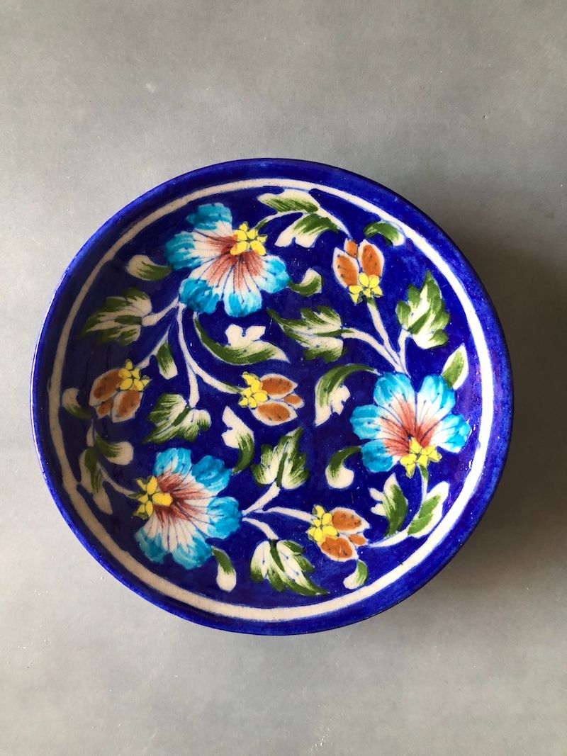 Flower Theme Round Blue Pottery Wall Plate (6")