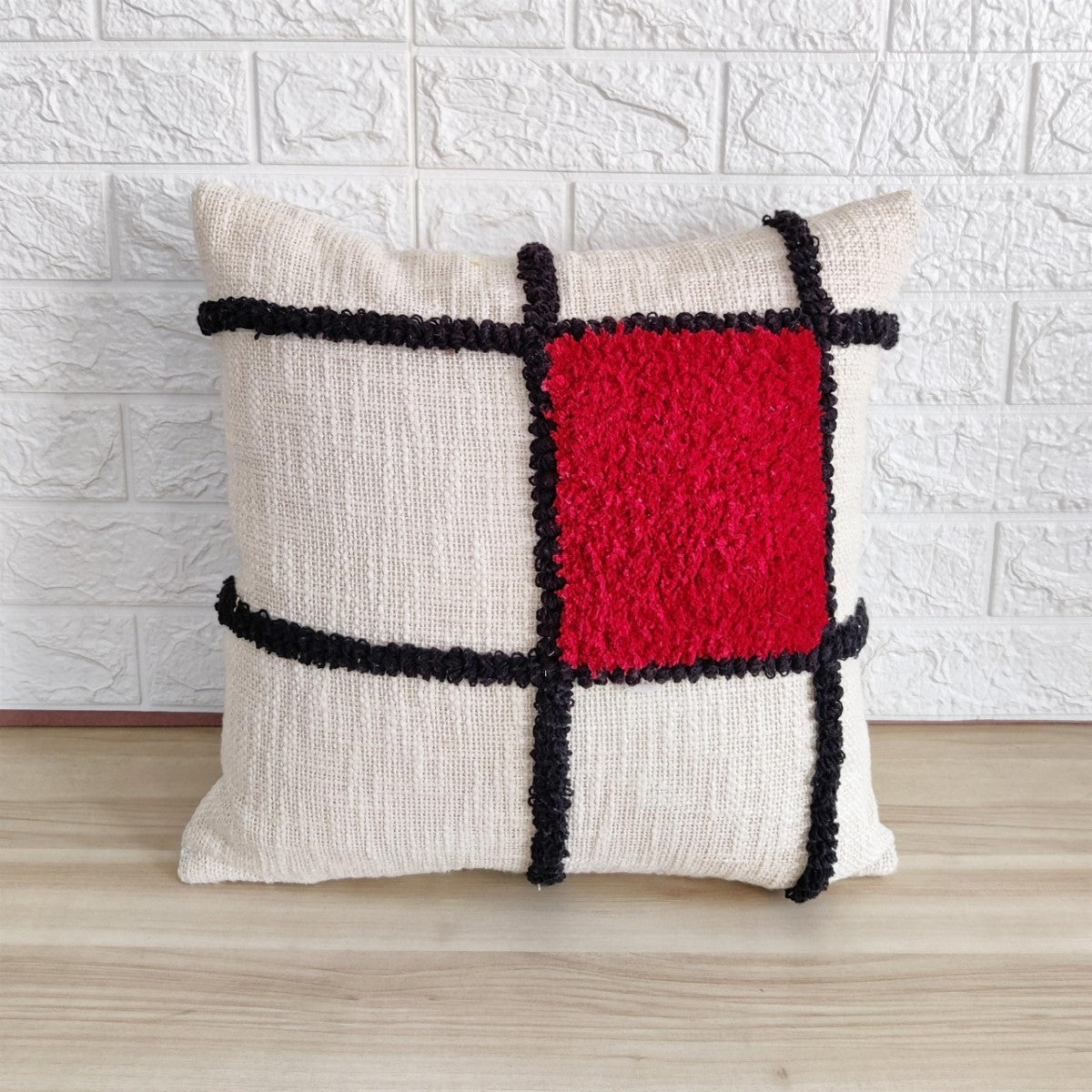 Ivory & Red Tufted Cotton Cushion Cover