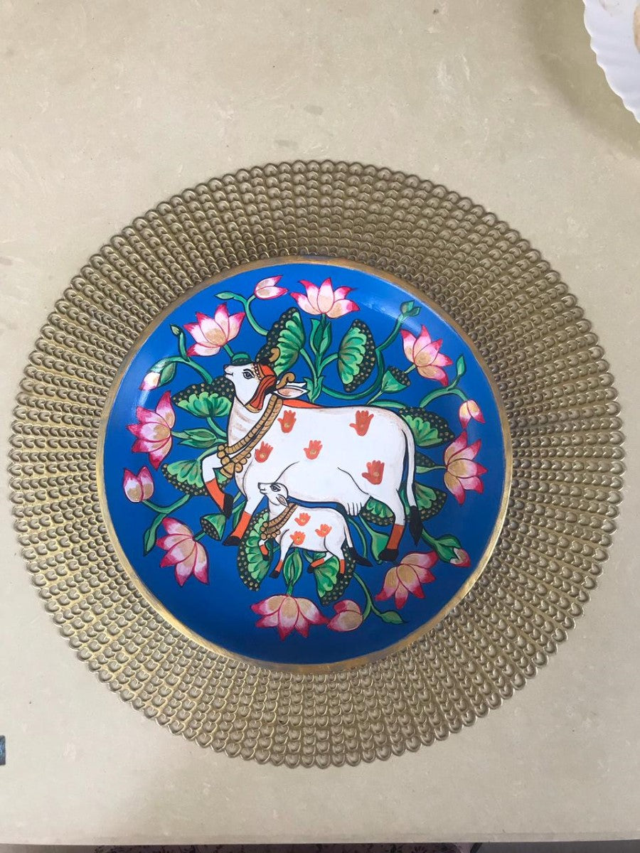 Hand Painted Pichwai Cow And Calf Wall Plate (10"-12")