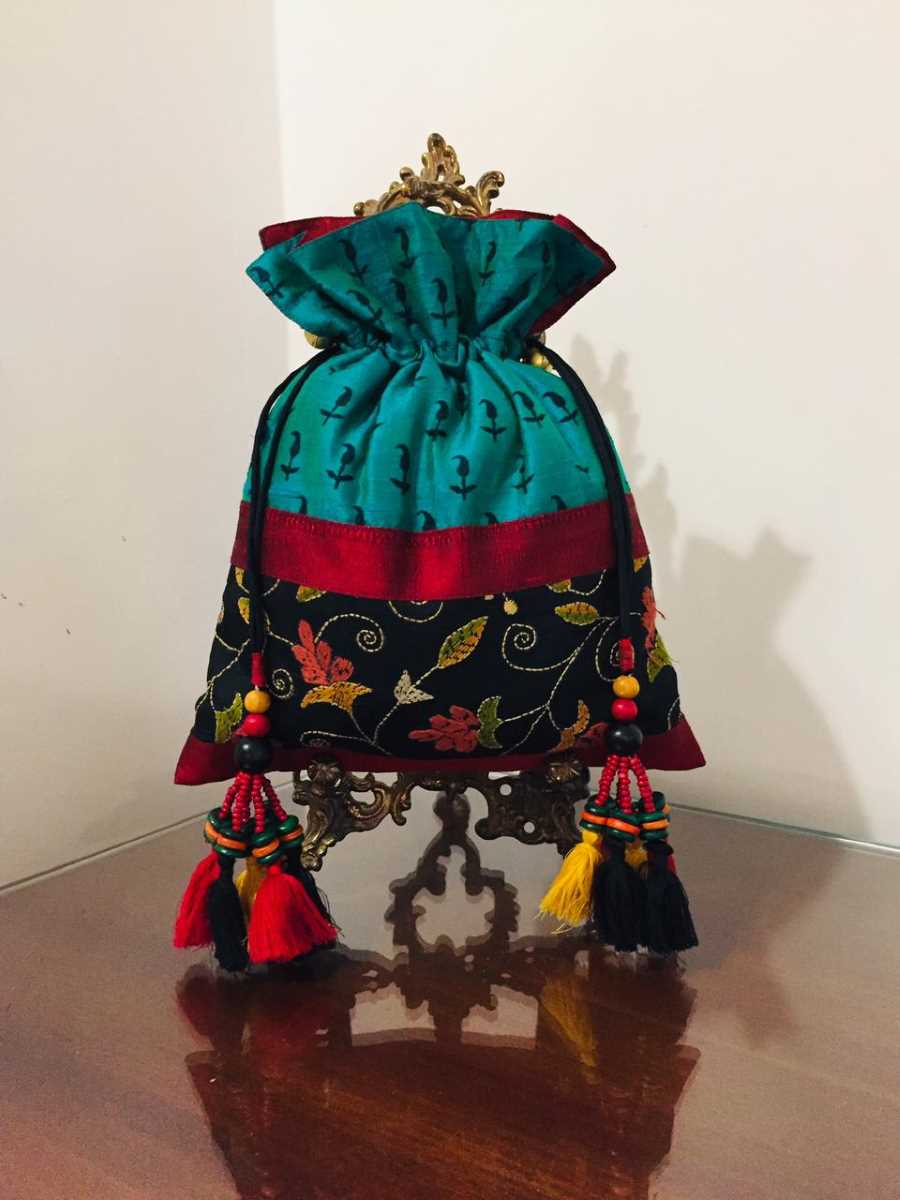 Tussar Silk Potli with Kantha Work