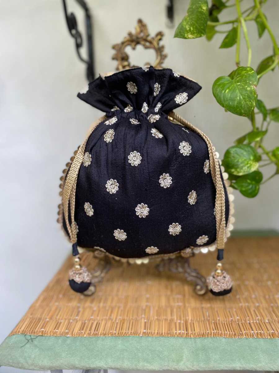 Embroidered Potli on Black Dupian Silk