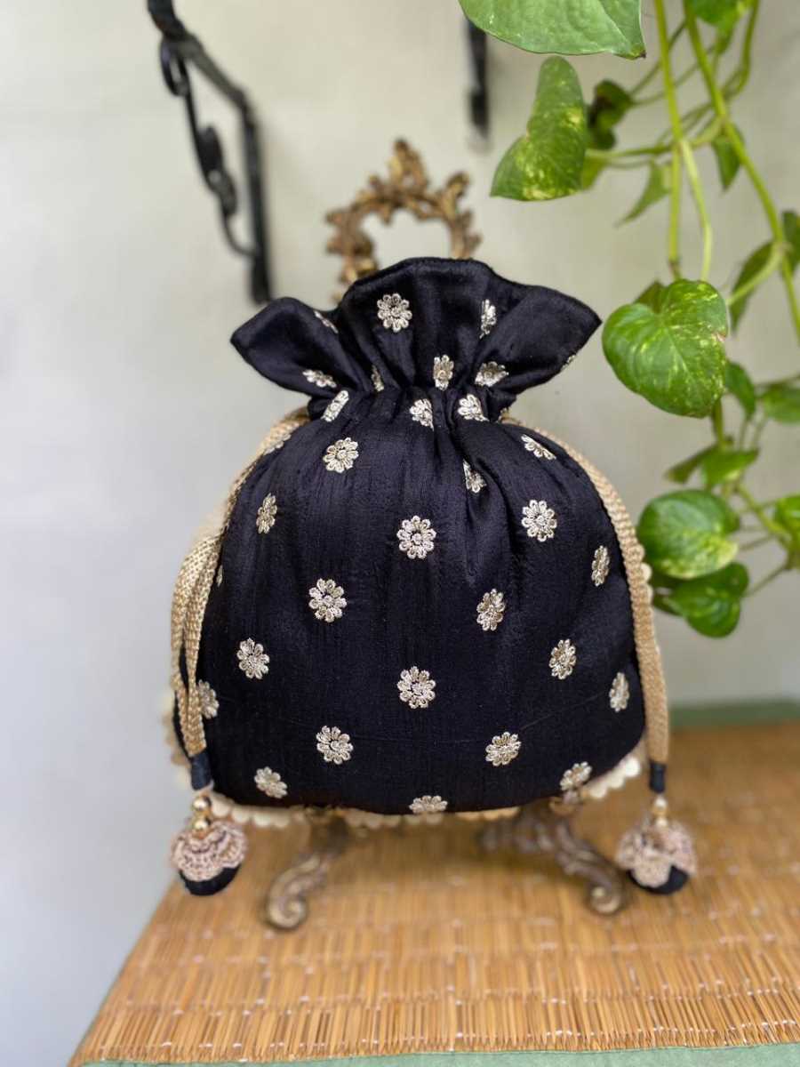 Embroidered Potli on Blue Dupian Silk