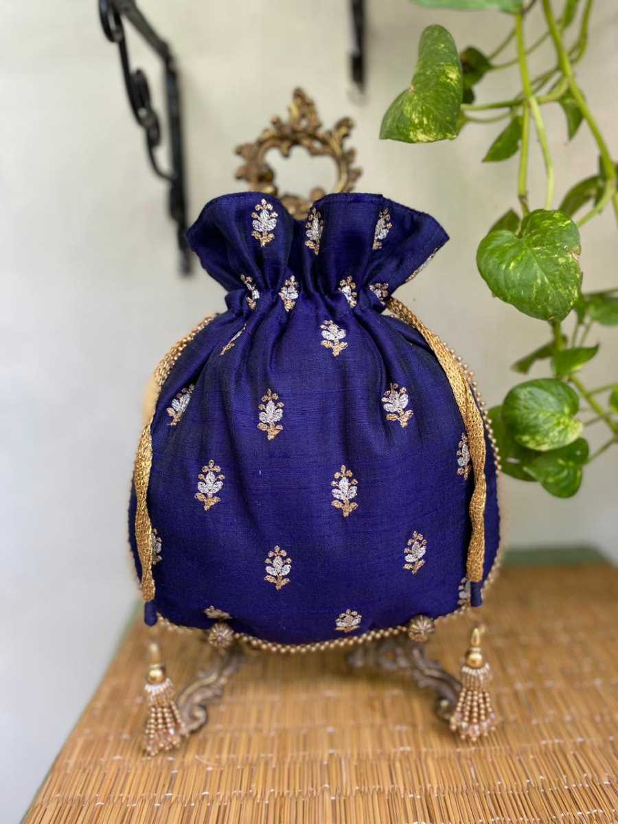 Zari Work on Blue Dupian Silk Potli