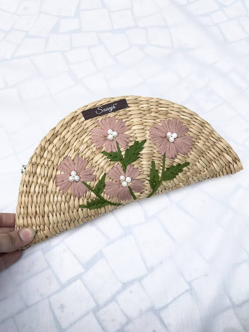 Pink Flower Embroidered Kauna Handwoven Clutch
