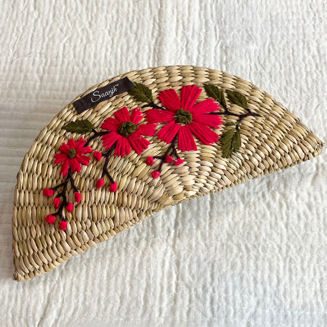 Embroidered Red Floral Kauna Handwoven Clutch