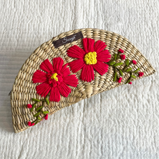 Red Flowers Embroidered Kauna Handwoven Clutch