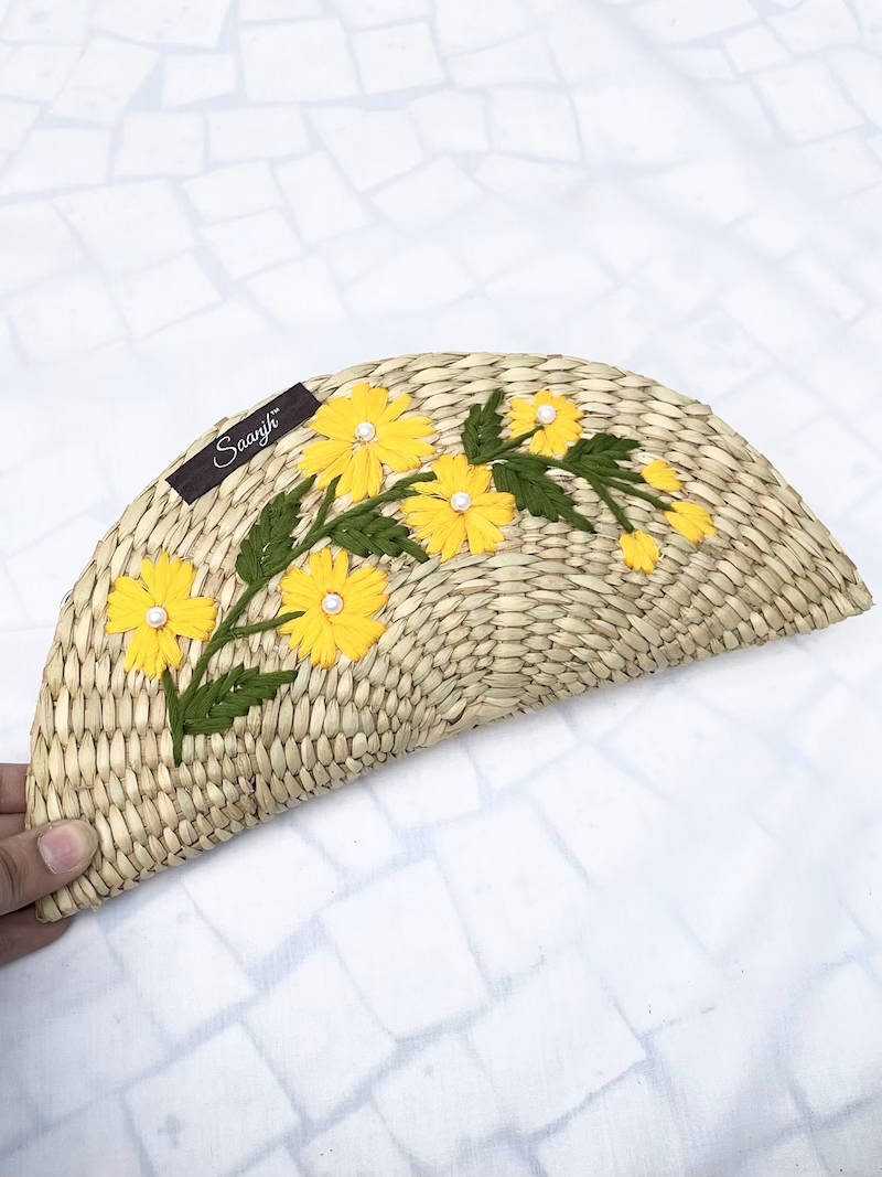 Yellow Flower Embroidered Kauna Handwoven Clutch