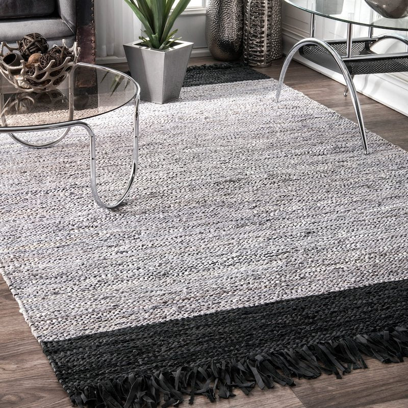 Coal Black & White Handwoven Wool Rug with Frills