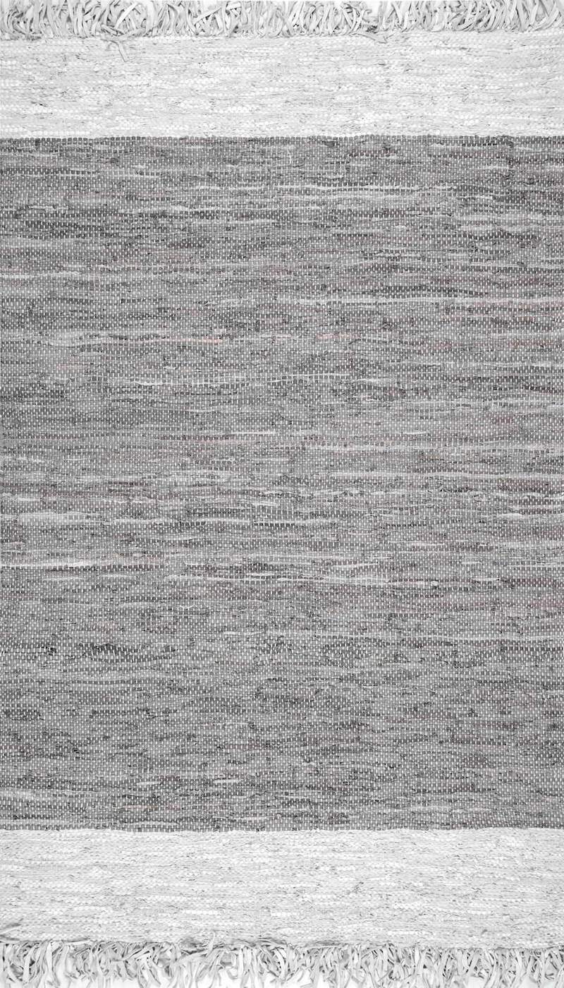 Grey Square Pattern Wool Rug with Frills